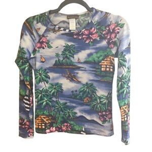 Tommy Bahama Vibrant Blue Green Tropical Rash Guard Top Size SP Beach Vacation